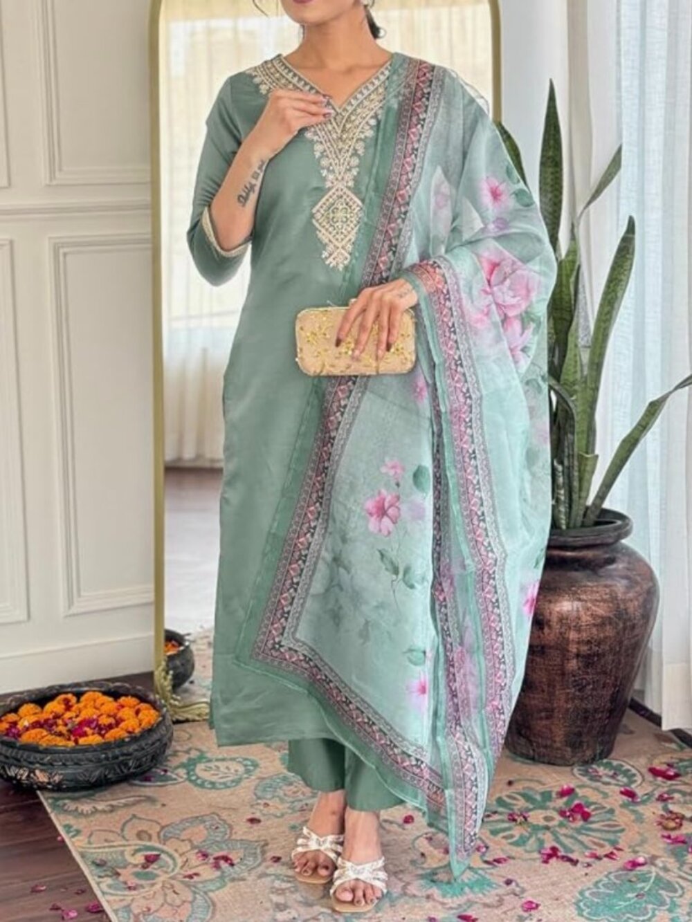Womens Rayon Embroidered Straight Kurta Set with Pant and Dupatta. Size XL